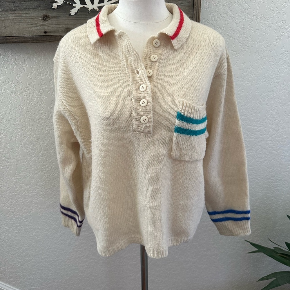 VTG Lerner‎ Cream Sweater with Colorful Stripes 100% wool size Small